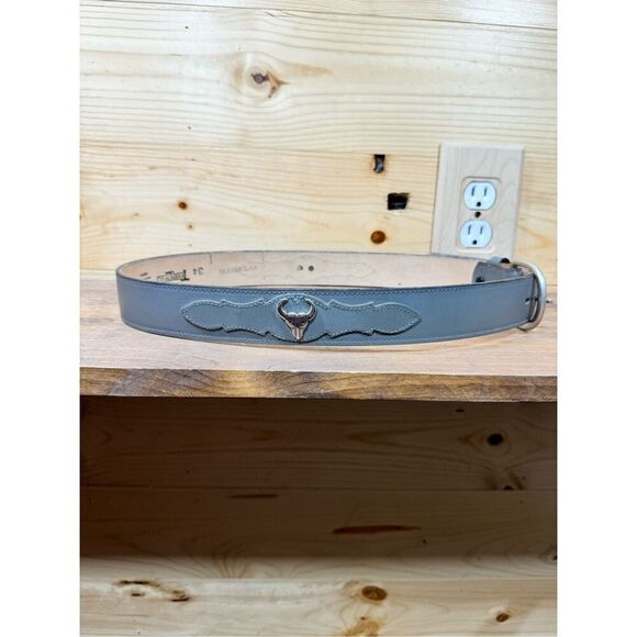 Tribond USA Vintage Men's Size 34 Hand Tooled Western Leather Gray Belt Silver C - Picture 1 of 11